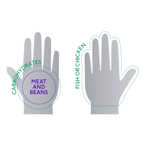 Hands visual food portions guide for carbohydrates, meat and beans and fish or chicken