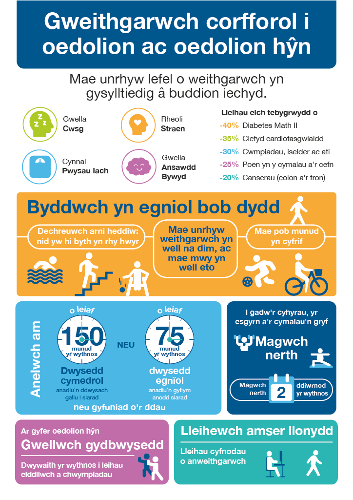 Welsh health infographic about staying healthy, with tips, activities, and goal icons in colorful sections.